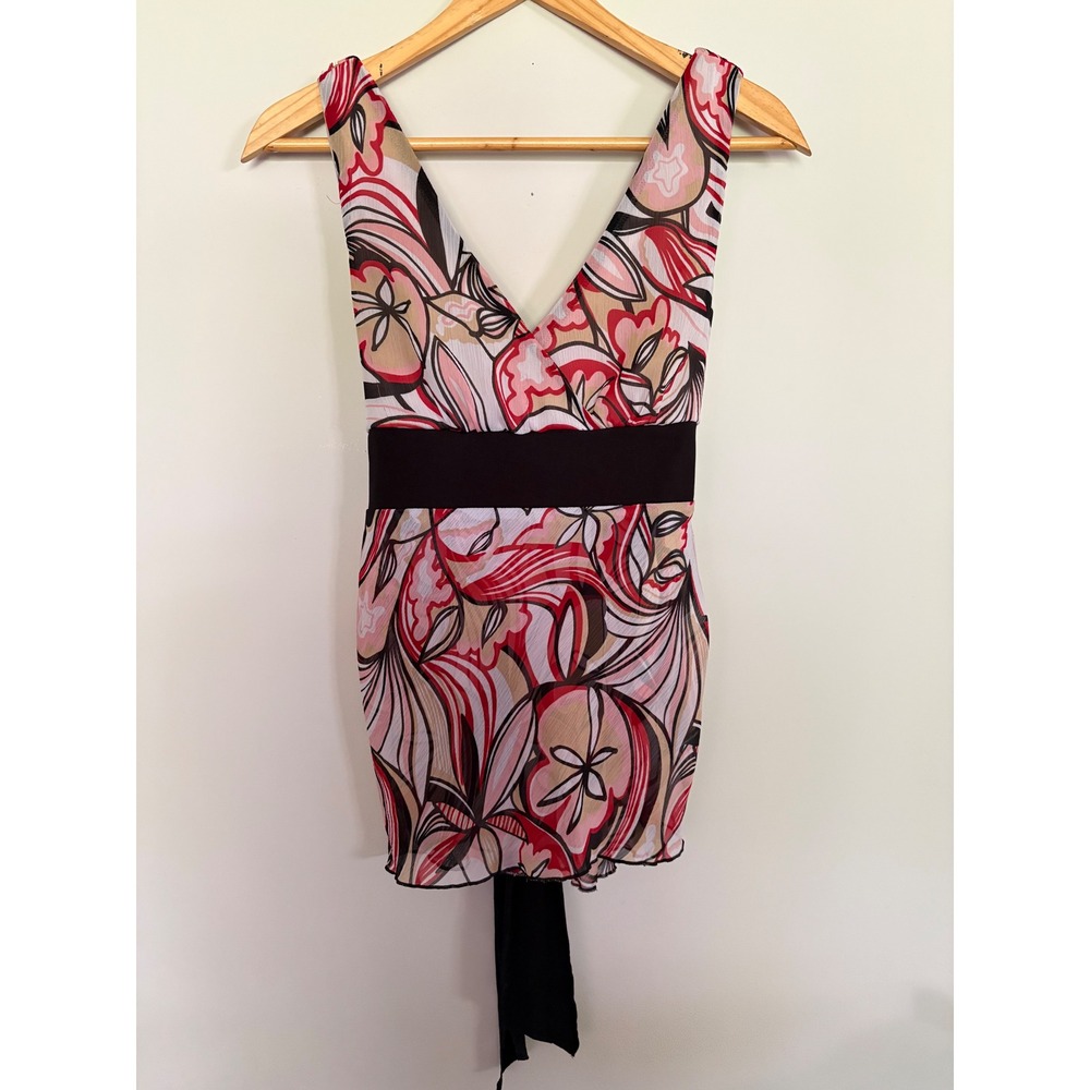 Womens Abstract Floral V-Neck Sleeveless Empire Waist Tie Back Top Red Brown Y2K